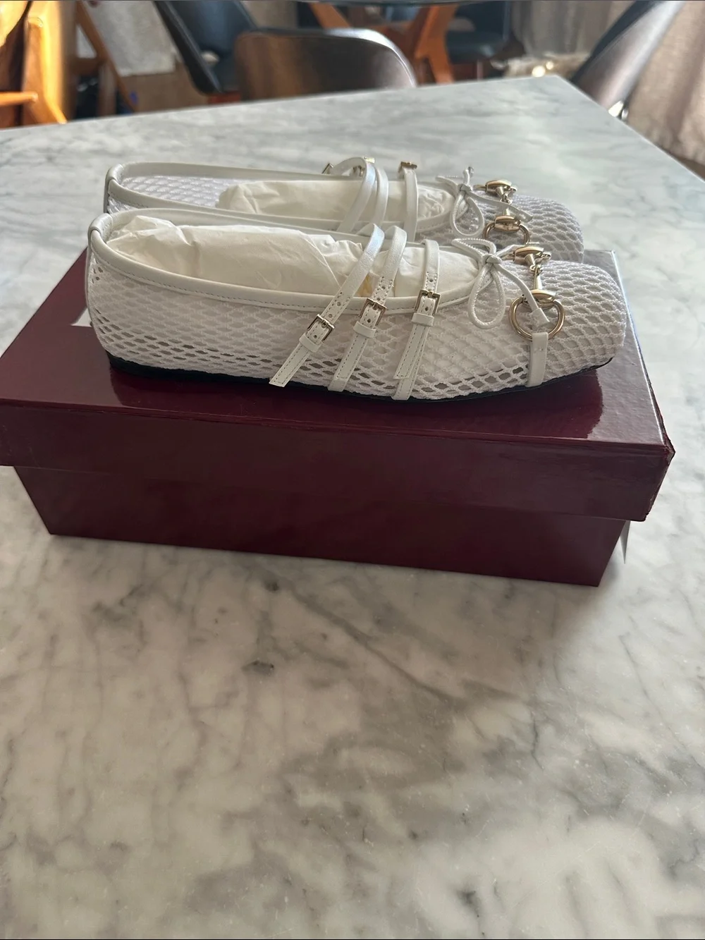 Gucci White Mesh Ballet Flats with Gold Horsebit Hardware size 37 NWT - Picture 1 of 5